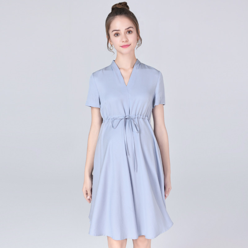 Pregnancy Woman Dress Summer Long Edition Fashion Pregnant Woman Foreign Dress Woman Blue Short Sleeve Business Career Loose Blouse Dresses