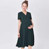 Pregnant womens summer dress long pregnant womens short sleeves high waist slim long dress fashion slim chiffon skirt tide