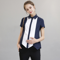 Summer dress new professional pregnant women shirt cotton coat short sleeve pregnant women color contrast loose OL business pregnancy tooling