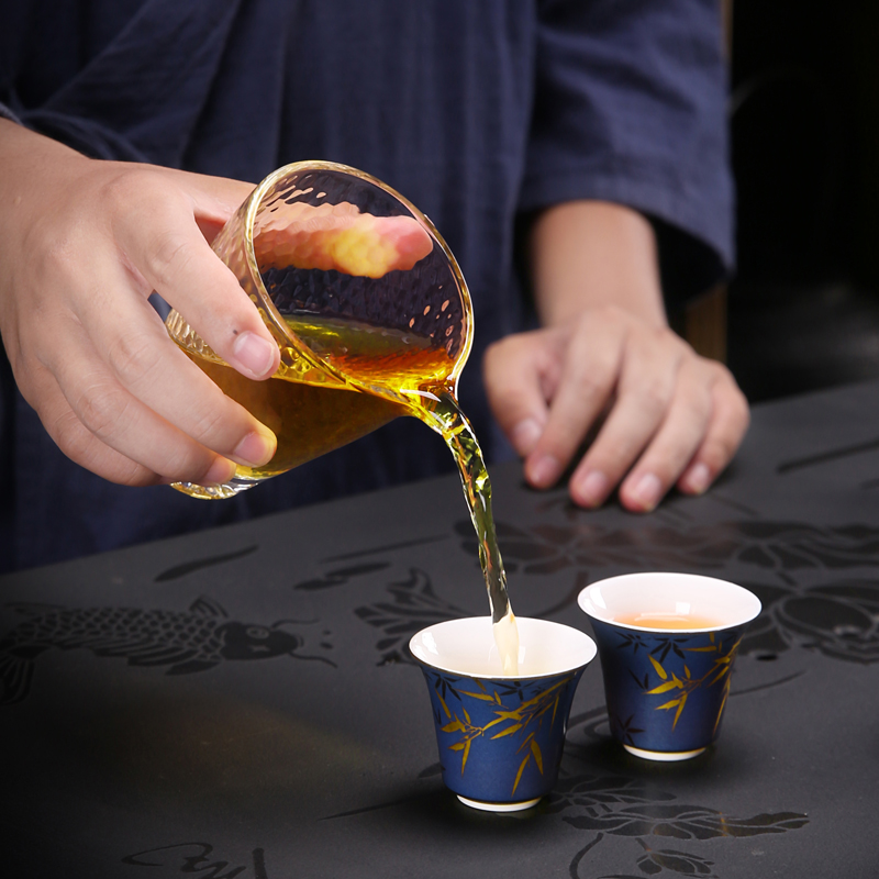 The Poly real scene suet jade porcelain kung fu tea set household custom LOGO dehua white porcelain cups blue bamboo tureen