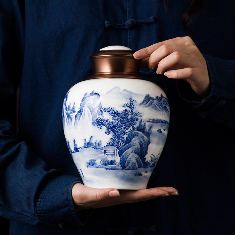 The Poly real view jingdezhen blue and white tea caddy fixings hand - made ceramic alloy cover seal warehouse two large household moistureproof