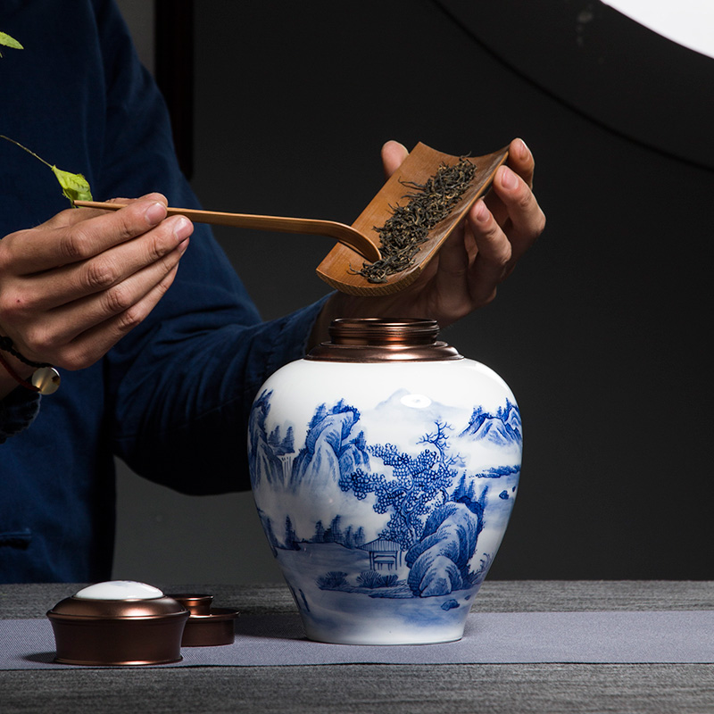 The Poly real view jingdezhen blue and white tea caddy fixings hand - made ceramic alloy cover seal warehouse two large household moistureproof