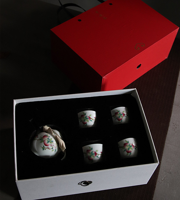 Poly real view jingdezhen high temperature hand peach colored enamel porcelain tea set tea service of a complete set of 5 caps gift boxes