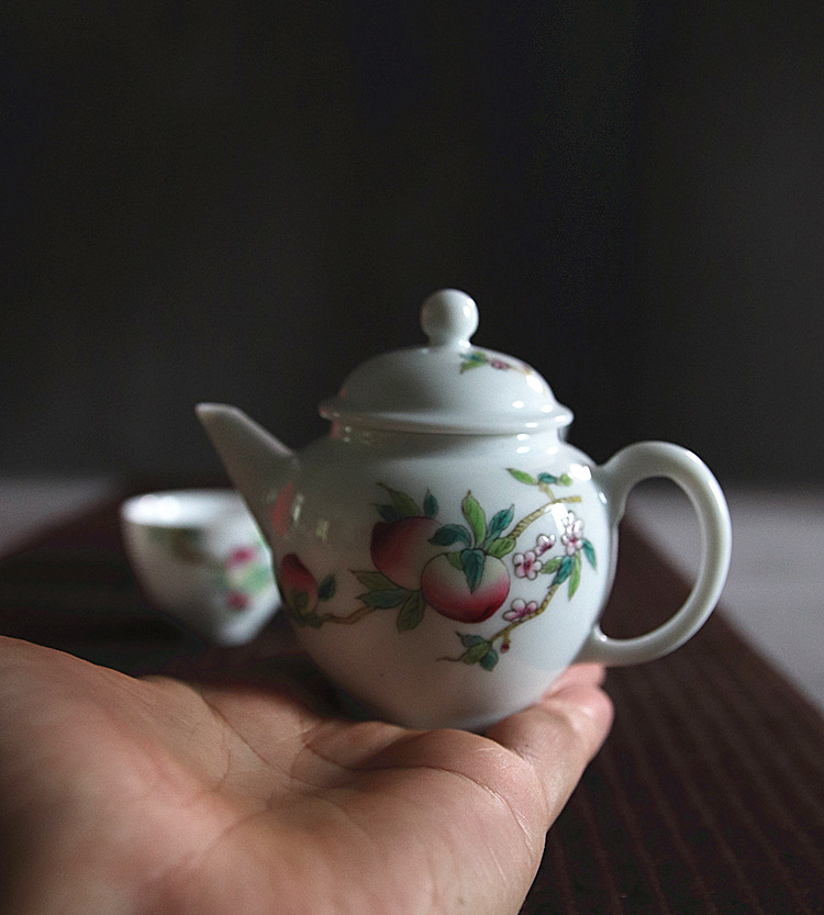 Poly real view jingdezhen high temperature hand peach colored enamel porcelain tea set tea service of a complete set of 5 caps gift boxes