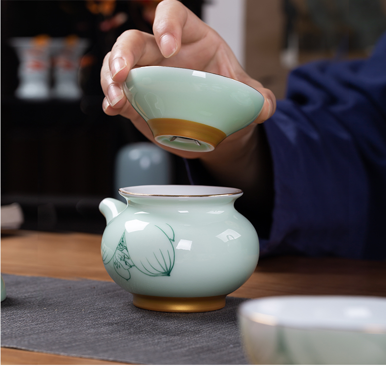 Poly real scene hand - made kung fu tea set household jingdezhen contracted tea cups of a complete set of ceramic lid