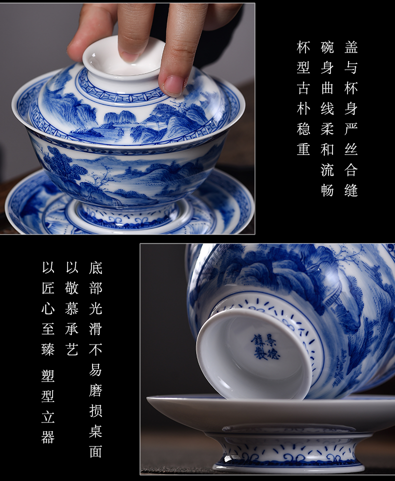 . Poly real scene three tureen suit only a single large jingdezhen checking home landscape thin foetus blue - and - white hand - made mercifully