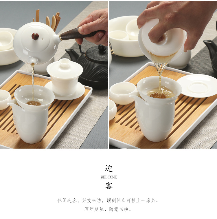 Dehua suet jade white porcelain kung fu tea set high - grade household contracted sitting room visitor GaiWanCha glass teapot