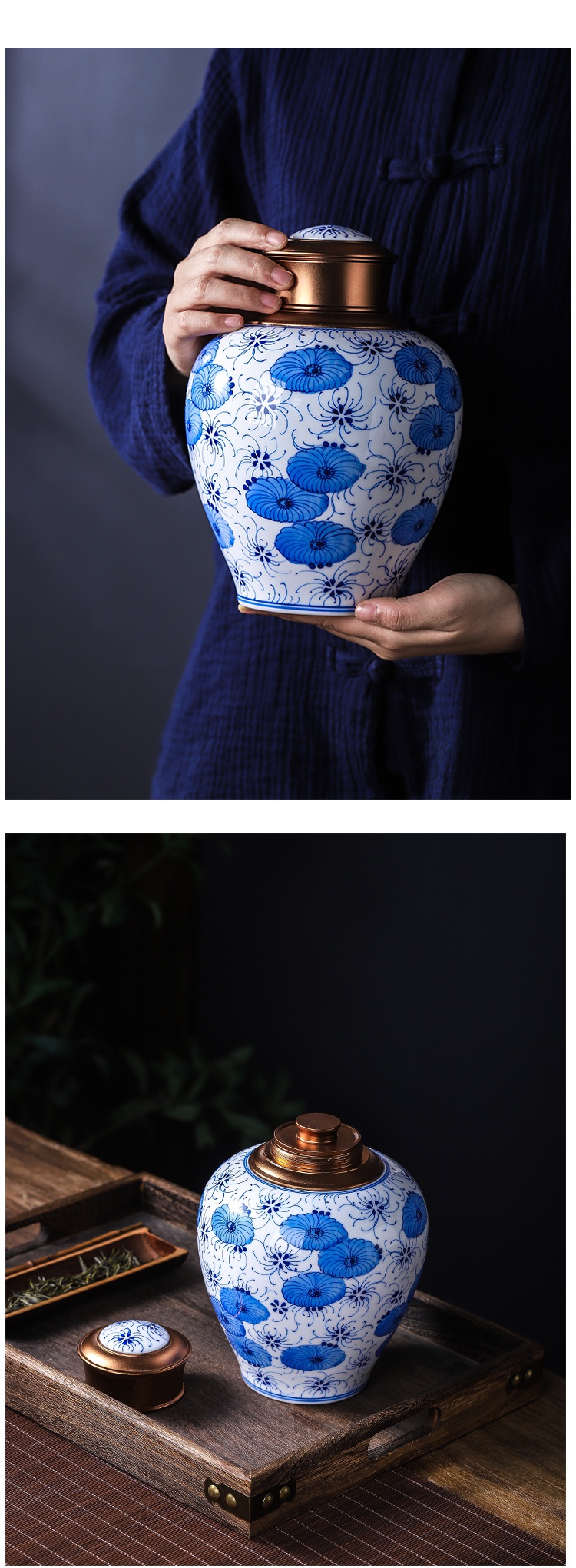 The Poly real scene of jingdezhen blue and white porcelain of high - grade ceramic seal tea jar Chinese large household moistureproof creative hand