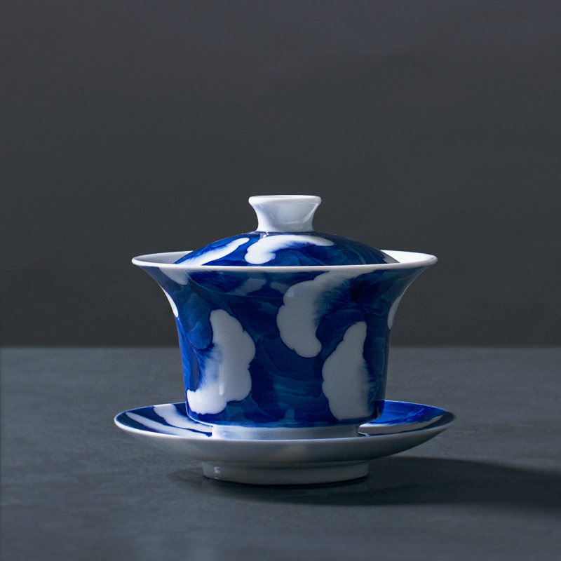 Poly real scene manual hand - made porcelain tureen FenShui ginkgo under the glaze color only three full use ceramic kung fu tea set