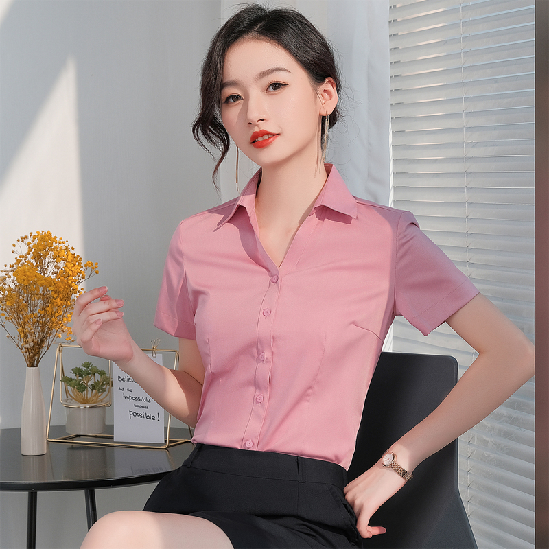 Pink Shirt Women's Short-Sleeved Business Attire Niche Design V-Neck No-Iron Elastic High-End Shirt Work Clothes Pink Shirt Women's Short-Sleeved Business Attire Niche Design V-Neck No-Iron Elastic High-End Shirt Work Clothes