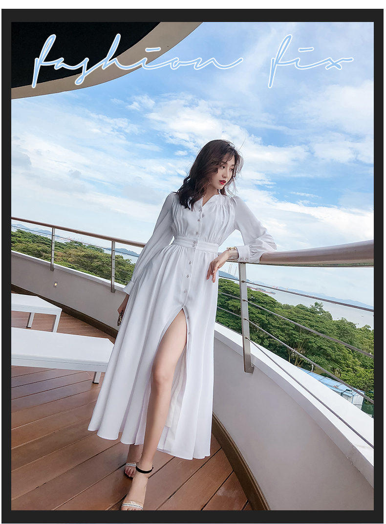 Hàn Quốc Lin 2019 mùa thu mới của phụ nữ váy Hàn Quốc eo trắng gợi cảm váy trắng chia váy dài - Váy dài váy dài qua đầu gối