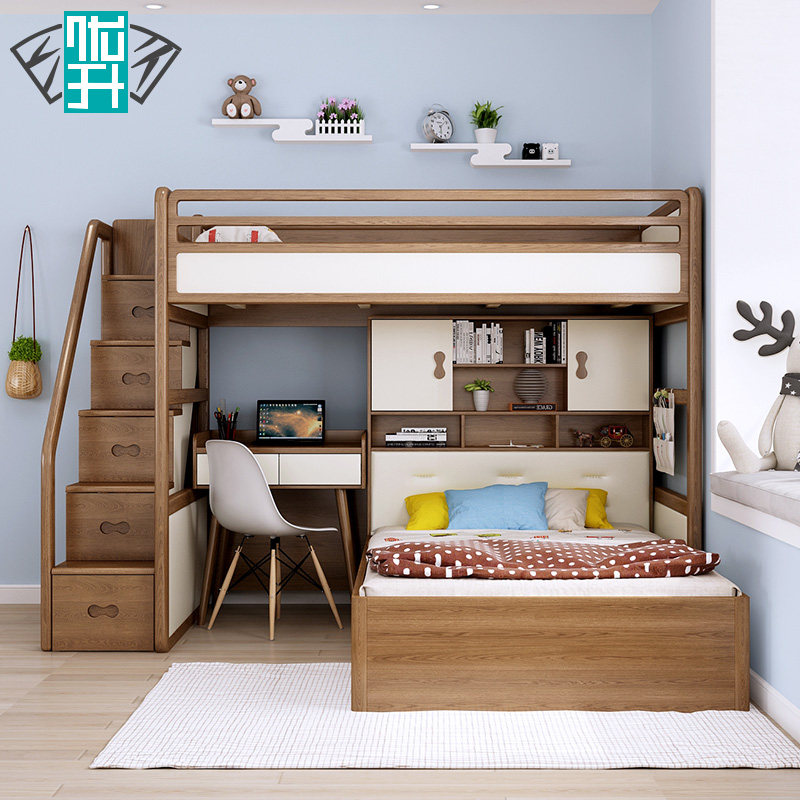 Ultra - functional combined bed wardrobe desk bed solid wood adult children get out of bed height and low bed mother bed