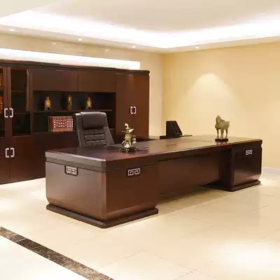 High-end boss table Solid wood veneer president table New chairman Chinese-style large desk General manager office desk and chair combination