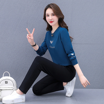 Sports suit womens 2022 spring and autumn new fashion crew neck sweatshirt running suit pure cotton loose casual two-piece set tide
