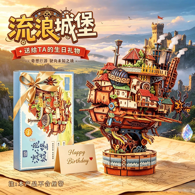 Hailuo Mobile Castle Assembled Music Box DIY Handmade Building Block Ship Toy Practical Birthday Gift for Boys