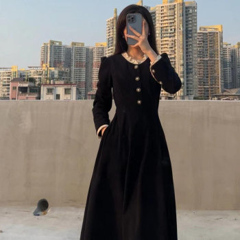 Hepburn style little black dress women's long skirt autumn and winter high-end chic chic waist long-sleeved dress temperament beautiful skirt