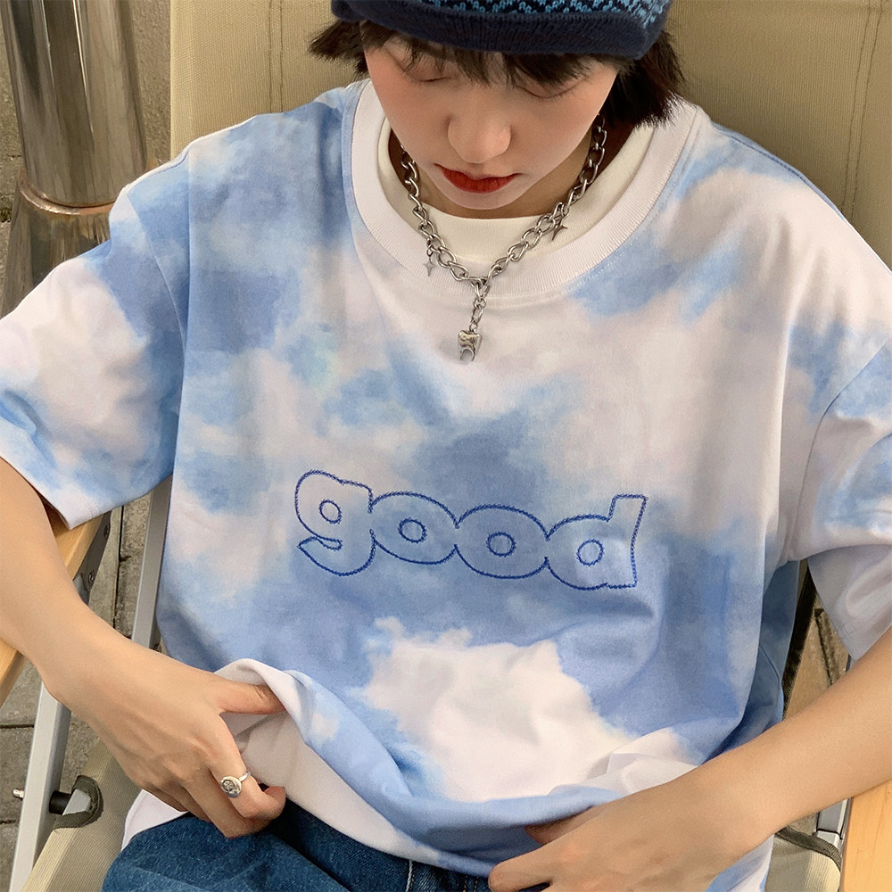 Nice store MeihaoStore chain embroidery good blue sky white cloud printed pure cotton loose short sleeve T-shirt man