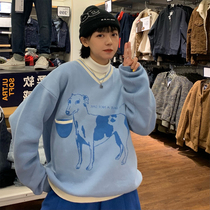 Beautiful store meihaostore blue puppy jacquard V-neck thin sweater college style pullover sweater