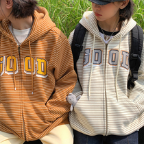 Beautiful Store MeihaoStore Striped Print Hooded Zipper Cardigan Sweater Plus Fleece Jacket Fall Winter Couple