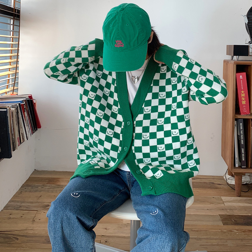 Beautiful Store MeihaoStore Smiley Checkerboard Knitted Loose Lazy Cardigan Velvet Sweater Jacket Men