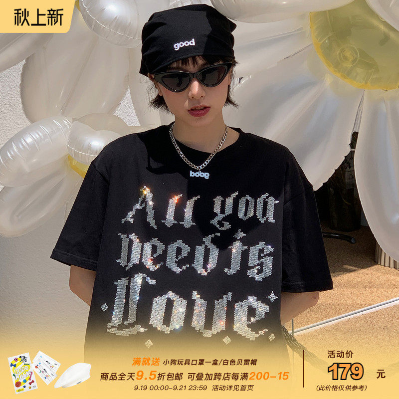 Beautiful store MeihaoStore black LOVE letter hot drill hip-hop couple rhinestones cotton short-sleeved T-shirt