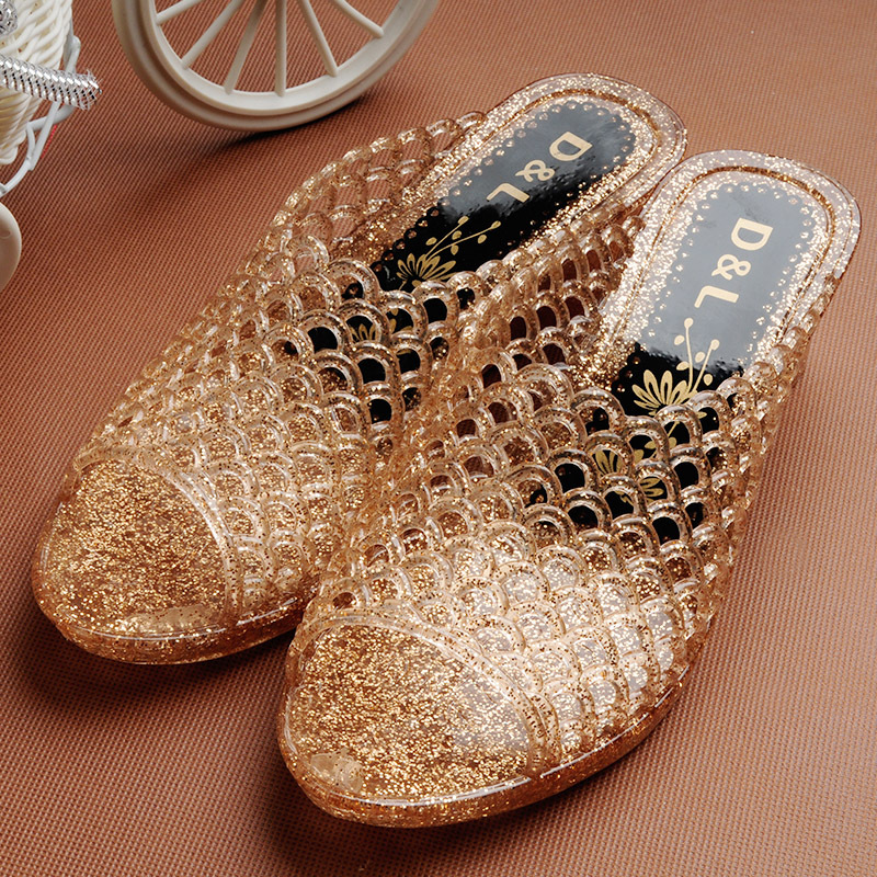 Small Size Wedge Heel Hollow Crystal Transparent Plastic Home Indoor Casual Slippers Fishnet High Heel Sandals for Women Summer Autumn Winter