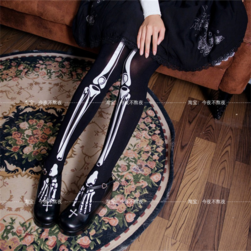 Japanese Retro Harajuku Bone Pattern Pantyhose Halloween Cosplay Lolita Skeleton Bone Print Slimming Stockings for Women