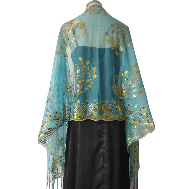 Western Style Exotic Style Jasmine Princess Sequin Veil Ancient Style Peacock Embroidery Sequin Shawl Blue Veil