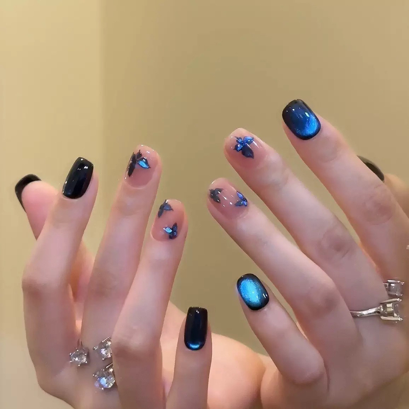 Handmade Short Blue Light Cat Eye ins Style Manicure, Summer Whitening, High-End Detachable Fake Nails