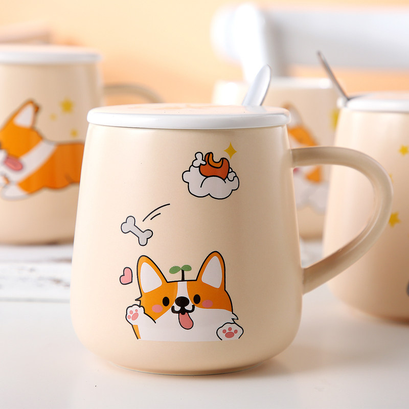 Cartoon cute corgi ceramic cup large-capacity male and female student water cup household milk cup mug with lid spoon