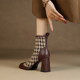 French retro side zipper short boots women's 2022 autumn and winter new Korean version houndstooth stitching thick-soled high-heeled Martin boots