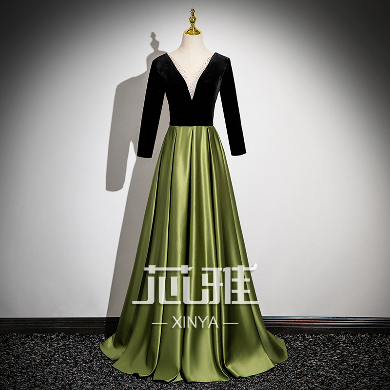 2026 New Black Velvet Korean-Style Long-Sleeve Evening Dress for Annual Party, Art Exam, Piano Performance, Choir, Elegant Socialite