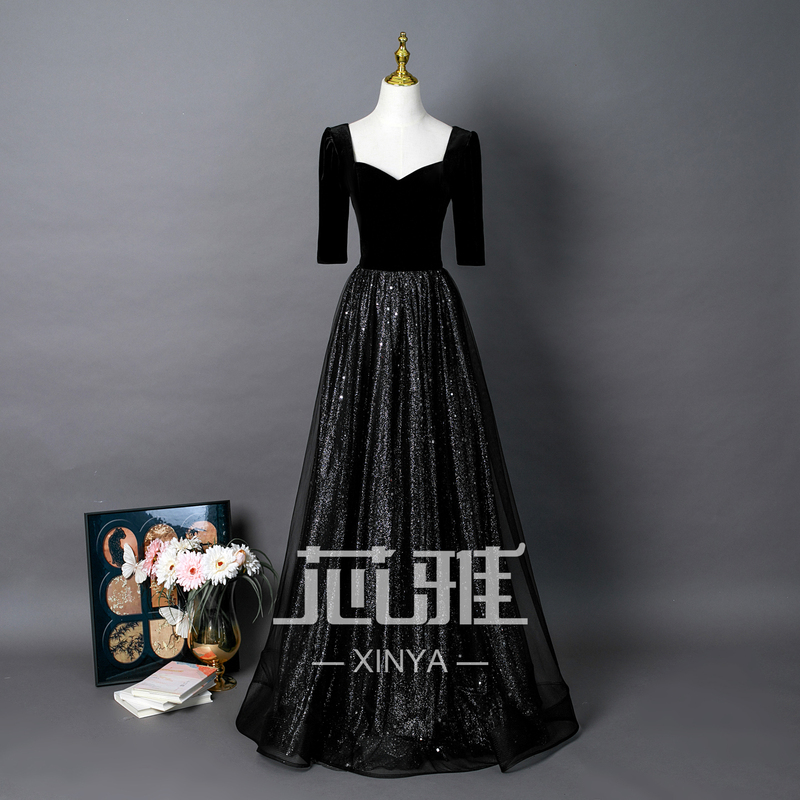 Black Dress, Feminine, Suitable for Art Exam Hosts, Choir Conductors, Piano Performances, Annual Meetings, Evening Dresses, and Gowns