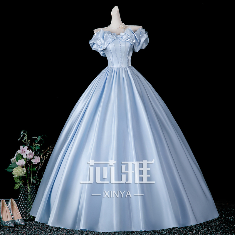 Xinya Home Sky Blue Satin 18Th Birthday Coming-Of-Age Ceremony Dress Art Exam Graduation Host Princess Dress Evening Gown for Women