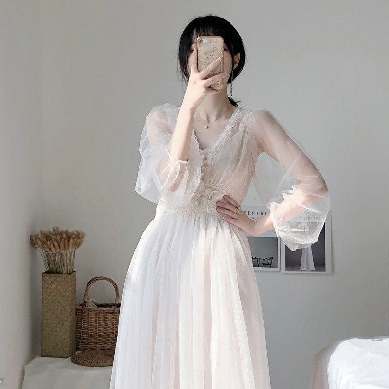 sandro asw lace dress woman 2022 spring summer autumn new white V collar slim ultra fairy web yarn long dress