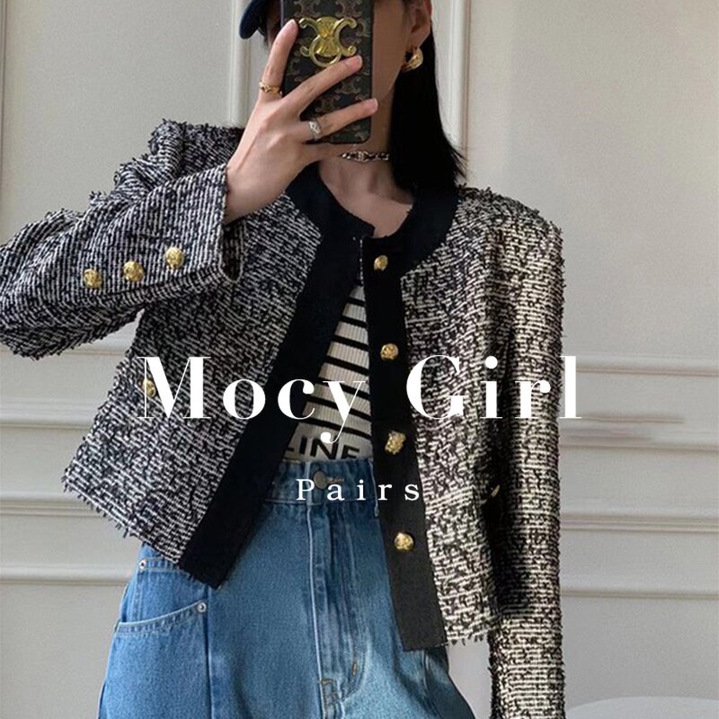 Sandro asw small fragrant wind Short Coarse Flowers Coats Woman 2022 Chun Han Edition Name Yuan Temperament Golden Buckle Blouse