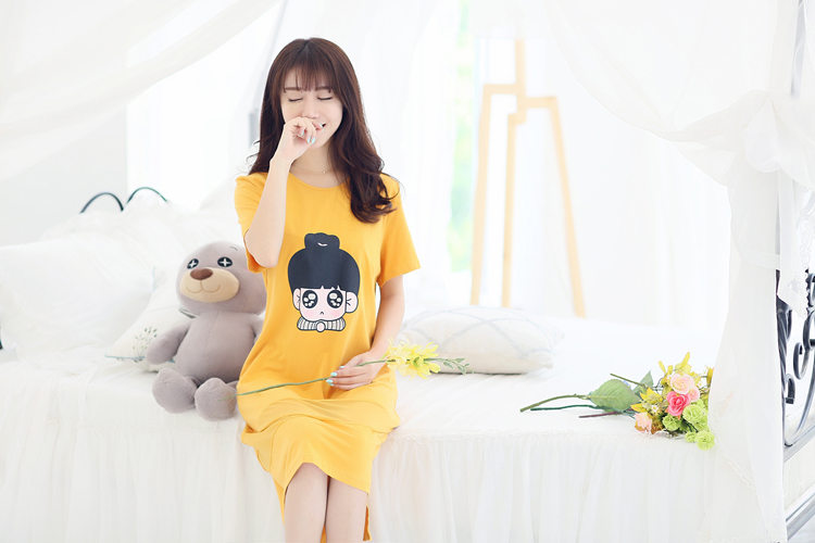 Cotton dài nightdress nữ mùa hè vành đai ngực pad áo ngực đồ ngủ ngắn tay áo dài váy nửa tay áo cotton nightdress từ mặc áo ngực