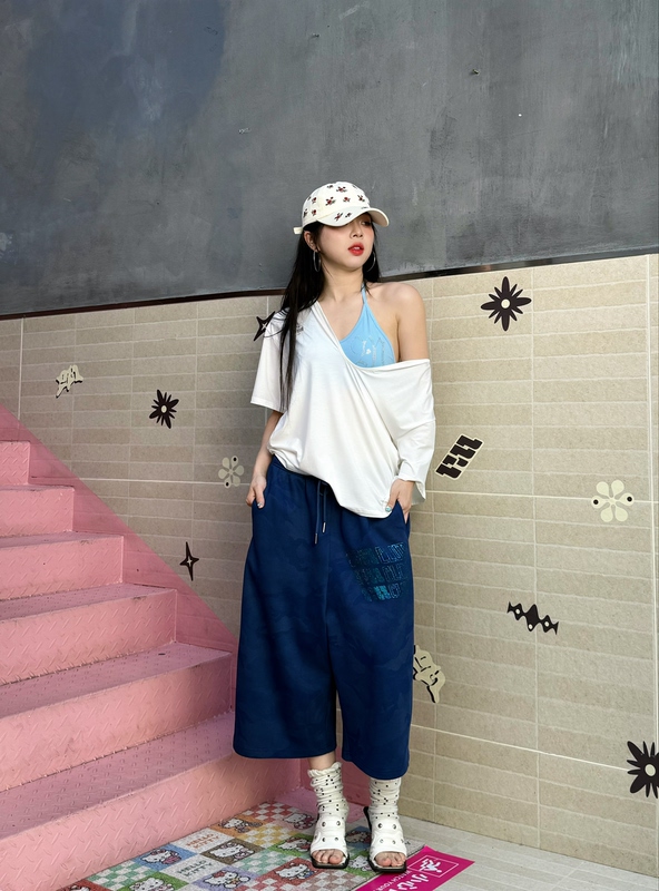 Panmie25 Original Sea Blue Camouflage Three-Dimensional Rhinestone Cropped Pants Casual Fresh and Stylish