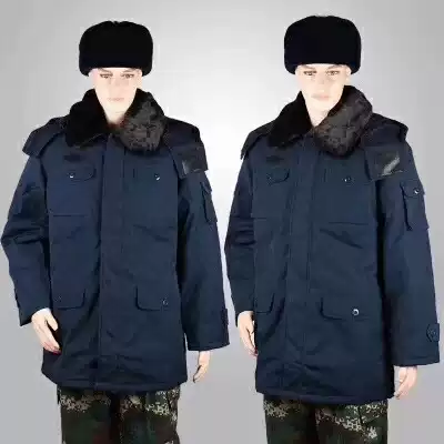 Tibetan blue cotton coat with fur collar and hat Sea navy blue training coat cotton coat rain snow cold resistance