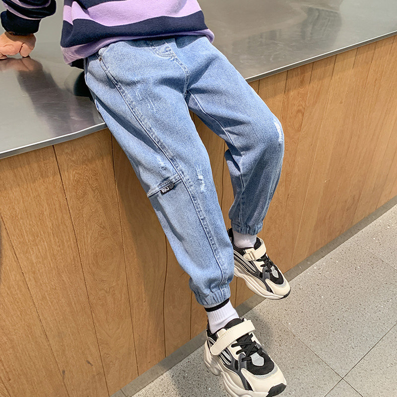 Korean boy loose jeans 2022 Spring and Autumn new spring - dress casual Korean paste children's rubber band pants tide