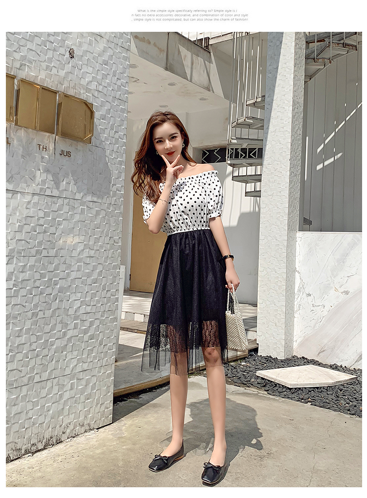 VK旗艦店 韓系波點一字領蕾絲網紗拼接短袖洋裝
