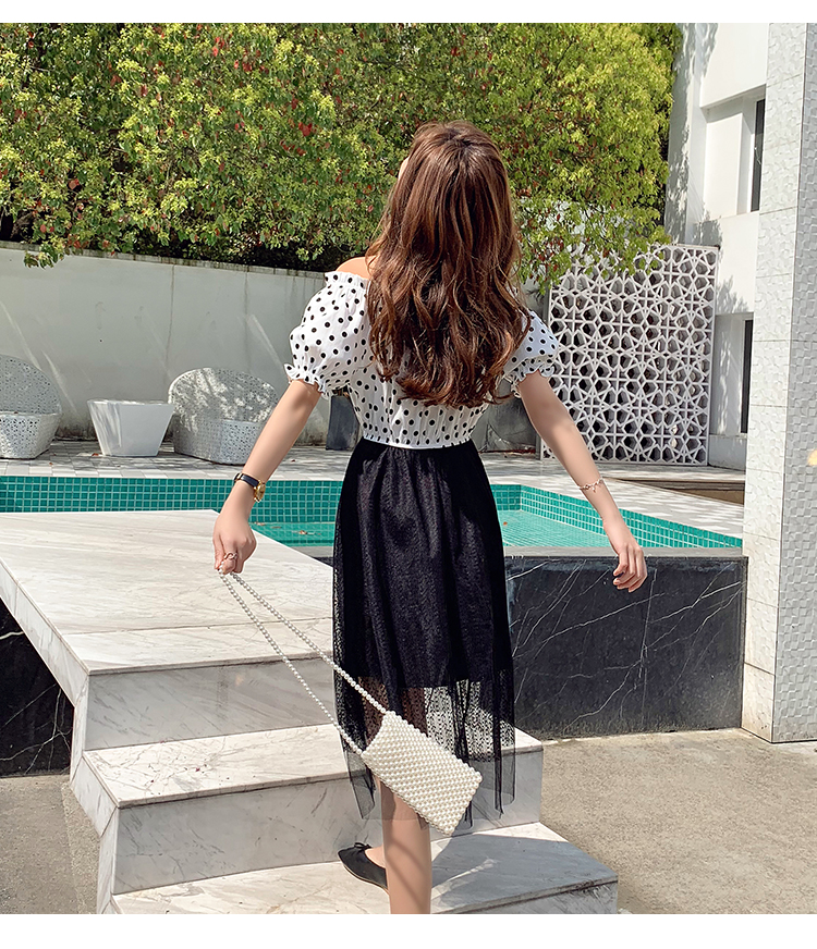 VK旗艦店 韓系波點一字領蕾絲網紗拼接短袖洋裝