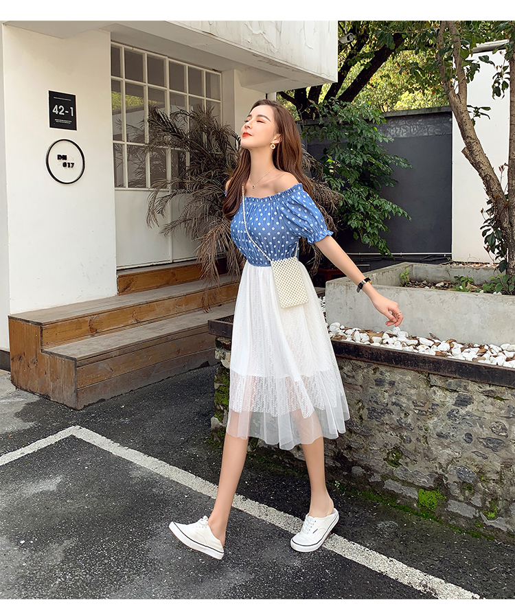 VK旗艦店 韓系波點一字領蕾絲網紗拼接短袖洋裝