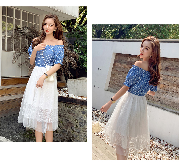 VK旗艦店 韓系波點一字領蕾絲網紗拼接短袖洋裝