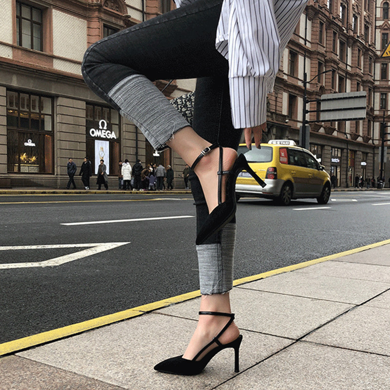 2020 Spring Summer New Custard High Heel Slim with female sandals thin heel headlined Buttoned Sexy Rear Empty Single Shoes