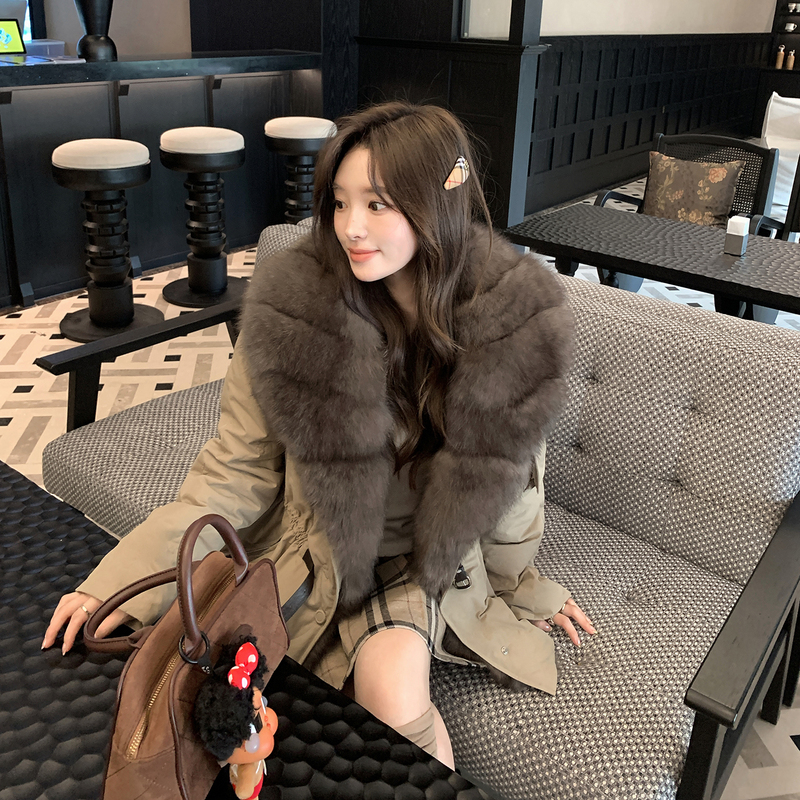 Fox Fur Large Lapel Parka Women's Winter Fur Coat Mid-Length 90% White Goose down Detachable down Jacket
