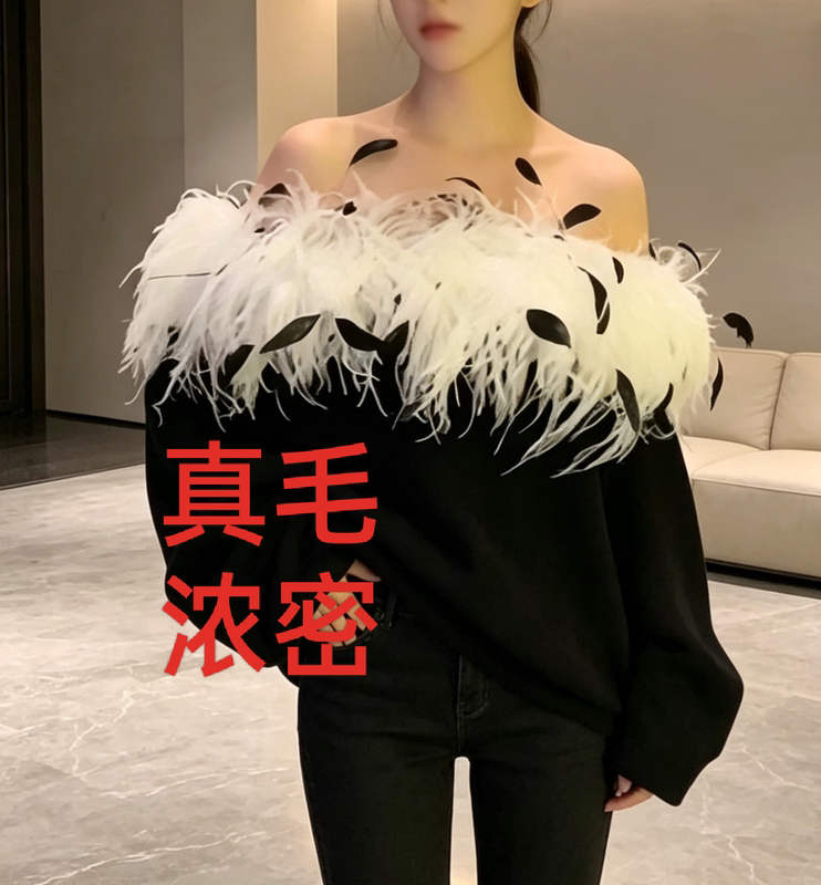 (Now in Stock) Ostrich Feather One-Shoulder Long-Sleeve Sweatshirt for Women 2026 New Design Feather Loose Versatile Top