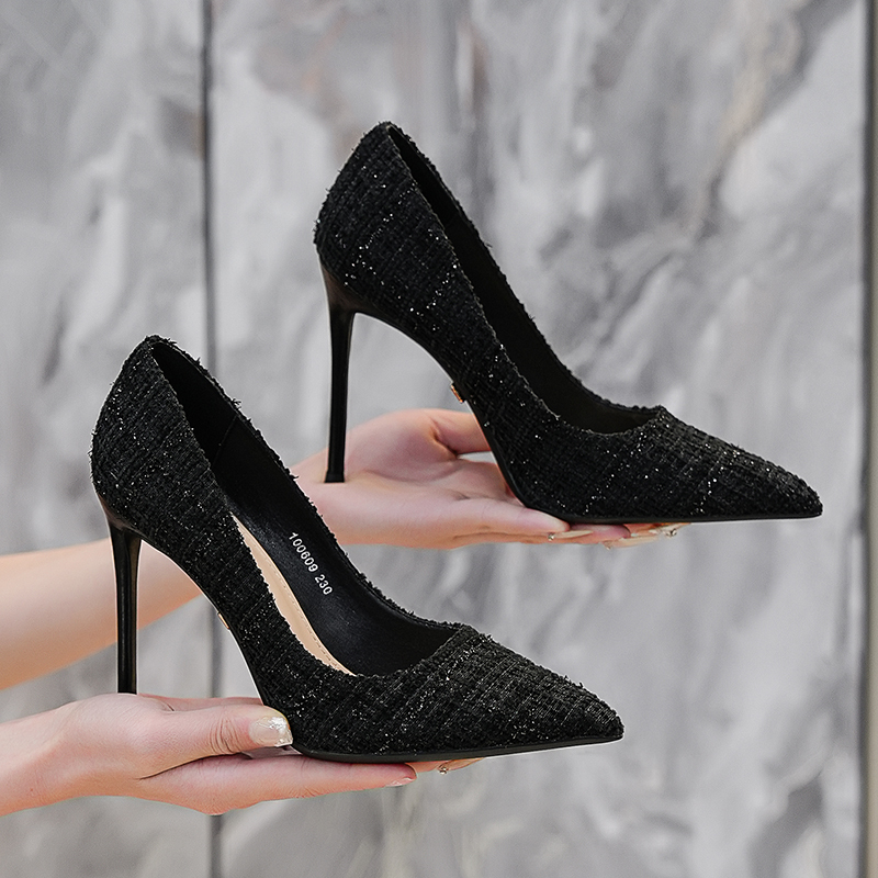Tweed Style Women's Black High-Heeled Shoes, Women's 2026 Spring New Retro Pointed Toe Stiletto Professional Shoes for Women Tweed Style Women's Black High-Heeled Shoes, Women's 2026 Spring New Retro Pointed Toe Stiletto Professional Shoes for Women