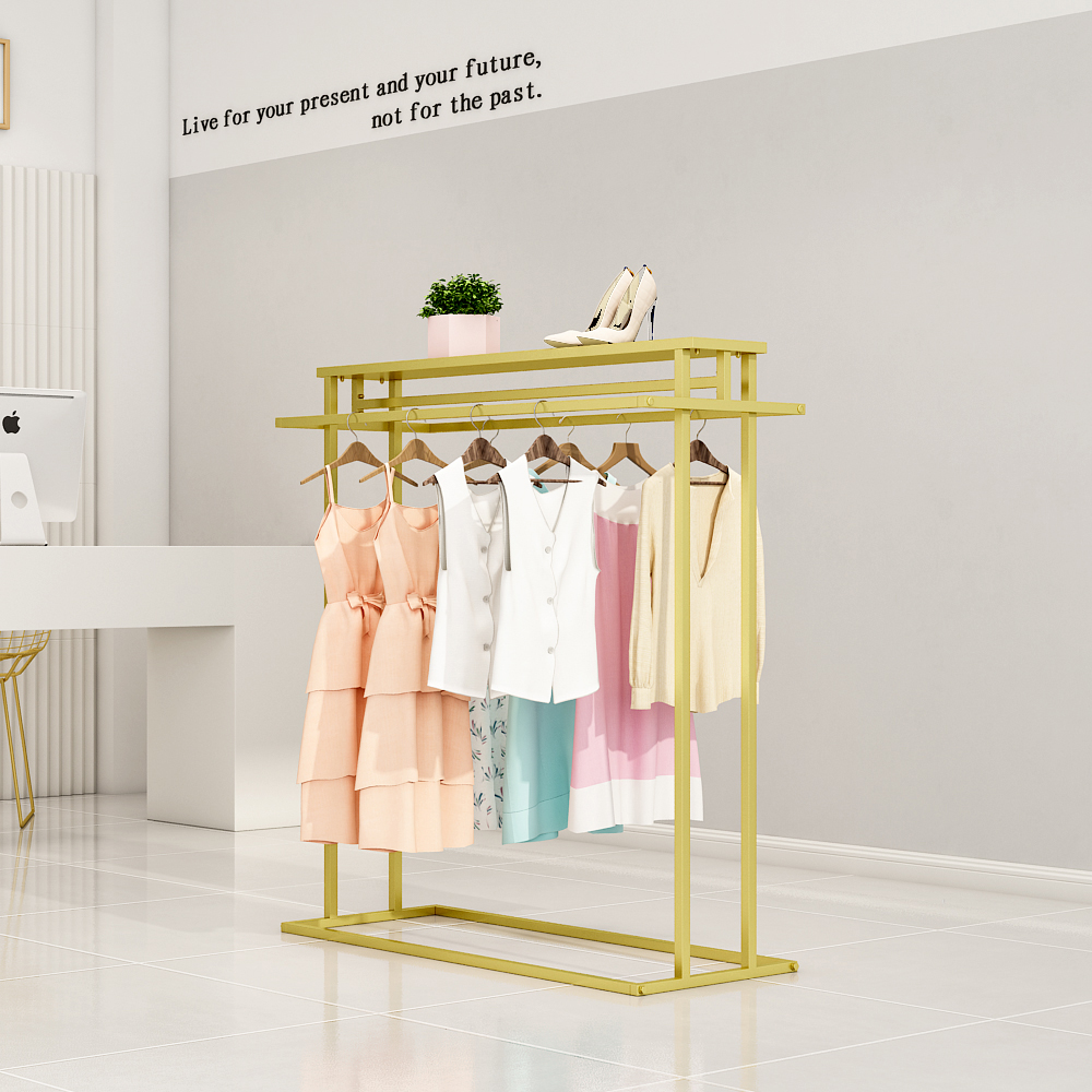 Clothing store island rack display stand Floor iron gold double pole men and women hanging clothes rack middle display shelf
