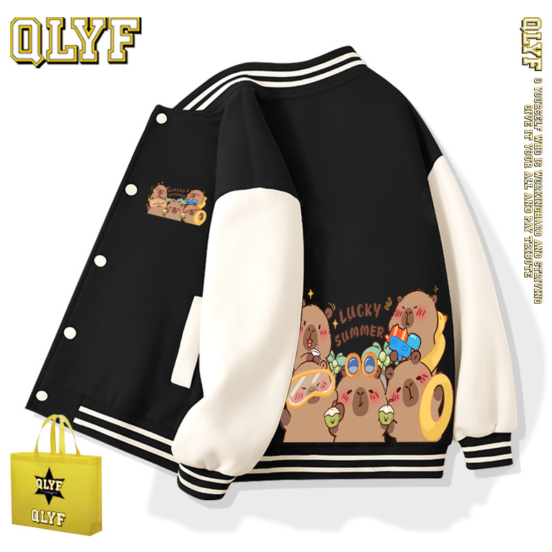 Qlyf Children's Capybara Baseball Jacket Winter Fleece Thickened Children's Clothing Coat 2025 New Model Boys and Girls Jacket